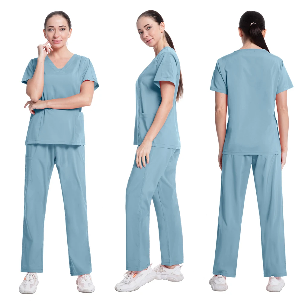 Solid Color Unisex Surgical Gown Pocket V-neck Scrubs Set for Women Joggers Scrub Suit Hospital Uniform Nurse Workwear