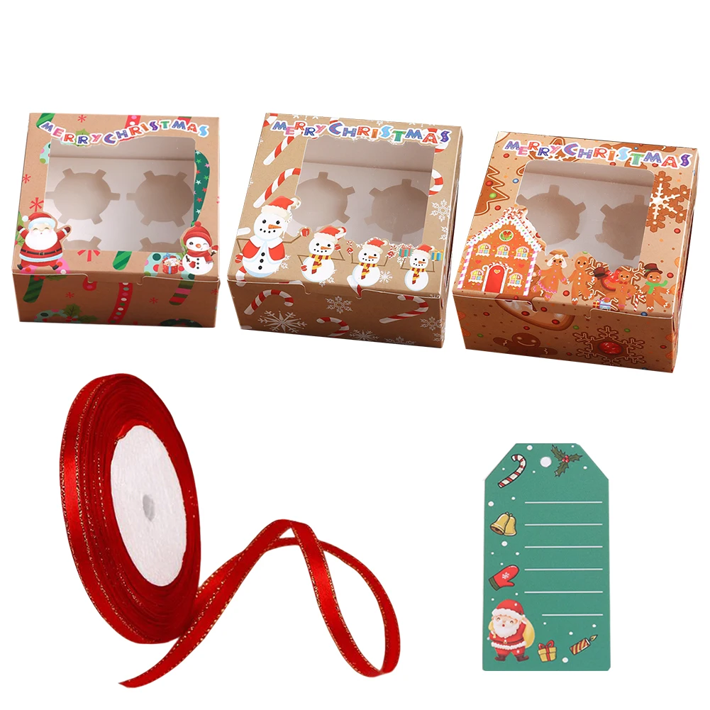 12PCS Santa Claus Gift Paper Boxes with Ribbon & Card Lovely Santa Gift Box Multi-Purpose Clear Window Packaging Box for 4 Cakes