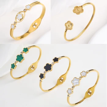 Simple Stainless Steel White Shell Five Leaf Flower Bangle Classic Clover Wrist Jewelry Luxury for Woman Party Jewelry Gift 1