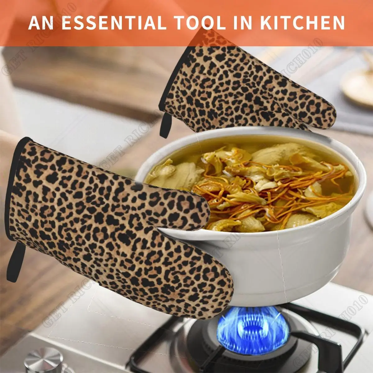 Animal Print Leopard Brown Set of 2 Baking BBQ Heat Resistant Cooking Oven Gloves Microwave Kicthen Accessories