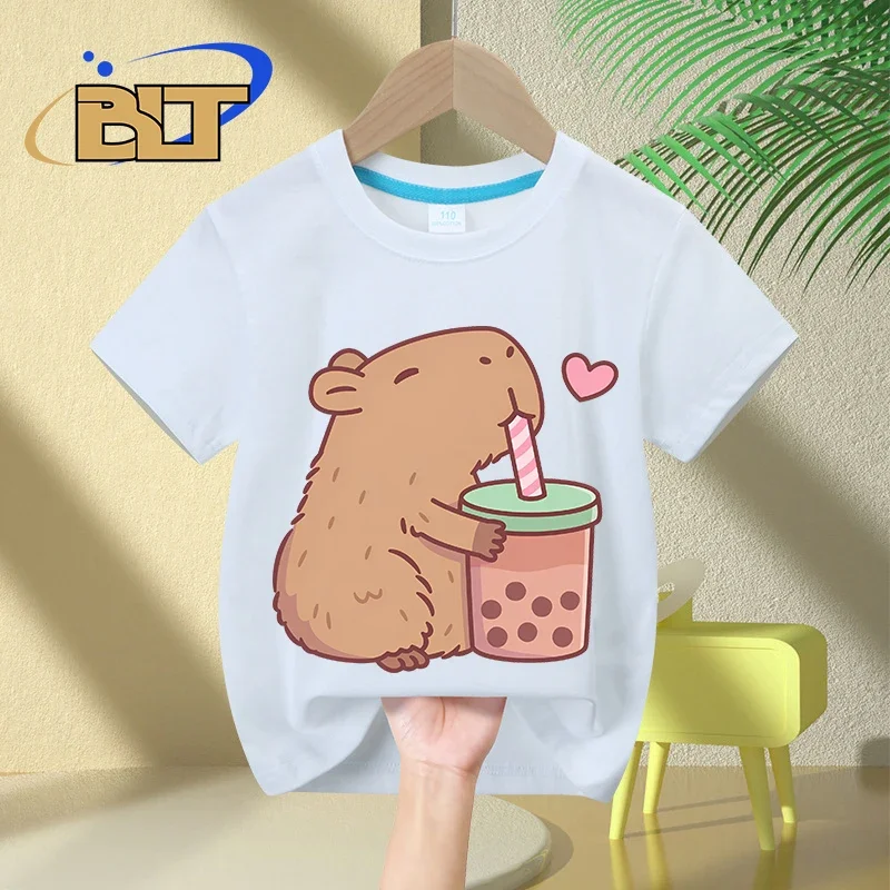 Kids T Shirt Cute Capybara Loves Bubble Tea print summer children's short-sleeved casual tops boys and girls gifts