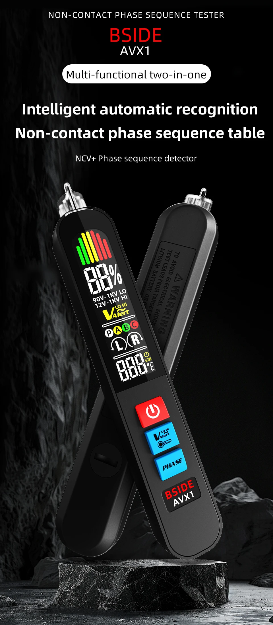 AVX1 Voltage Detector Tester Phase Sequence Smart NCV Live Wire Check Meter