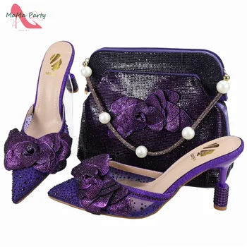 Purple Color New Arrivals Italian Design Nigerian Women Shoes and Bag Set Pointed Toe Slipper with Shinning Crystal for Party