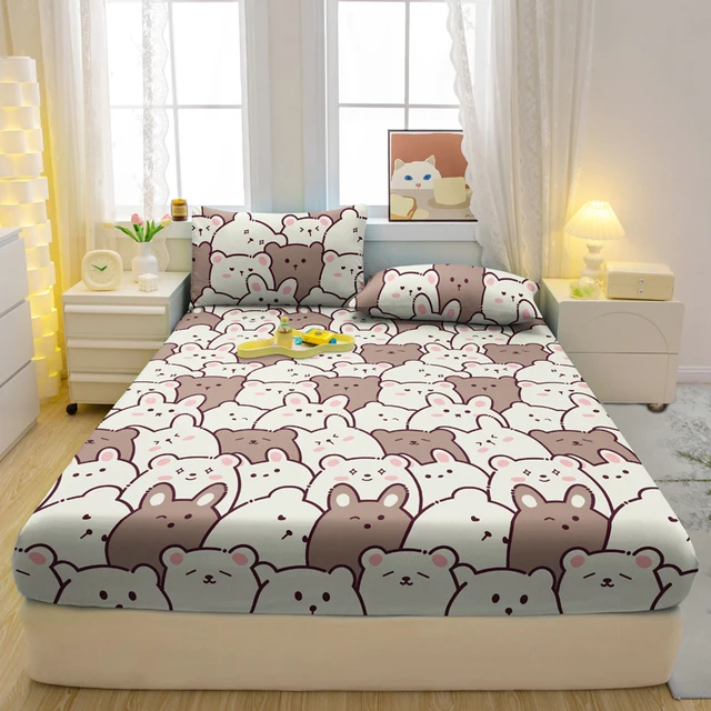 Ensemble de literie 3 pièces avec motif ours amusant, drap-housse, couverture de lit imprimée, dessin animé, chambre à coucher 2