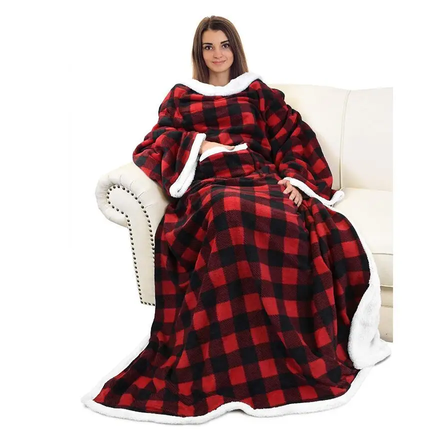 

2024 Red and Black Plaid Thickened Sofa Blanket Leisure Double Sleeve Lazy Man Blanket Sofa TV Blanket Cover Blanket