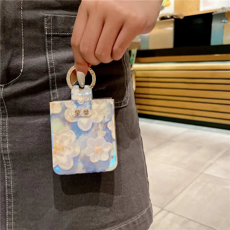 Ring Blu-ray Flower Phone Case For Samsung Galaxy Z Flip 5 4 3 5G PC Protective Flip5 Flip4 Flip3 Cover