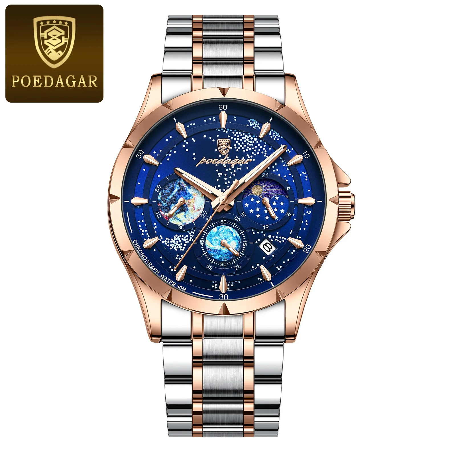 Brand multi-functional luminous commercial versatile gold men's watch waterproof quartz watch   poedagar