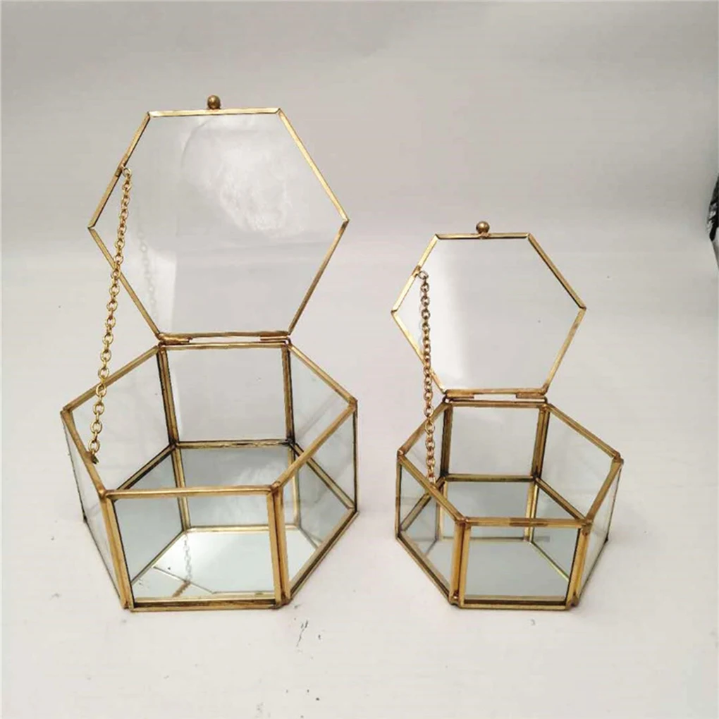 Glass Jewelry Storage Box Copper Edge Transparent Hexagonal Wedding Ring Necklace Jewellery Display Case Container custom eternal flower ring holder diy wedding ring box hexagonal glass ring box geometrical jewelry storage box engagement gift