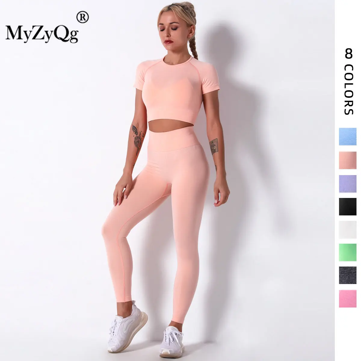 

MyZyQg Women Yoga Two-piece Set Seamless Knitted Fitness Sports Running Gym Short Sleeve T-shirt Legging Pant Suit