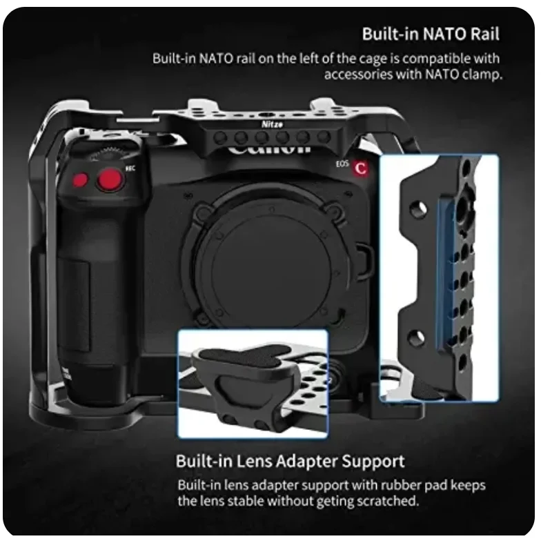 Nitze C70 Kooi, C70 Cage voor Canon EOS C70 Camera met HDMI-Kabelklem, Ingebouwde Lensadapter Ondersteuning en NATO Rail- T-C02B