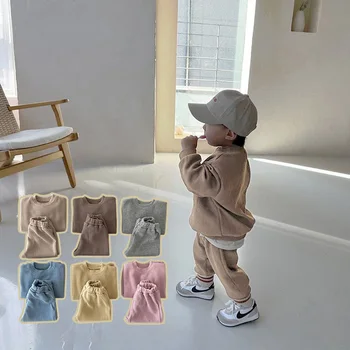 2026 Primavera Nuovo Set di abbigliamento per neonato Casual Waffle Infantile Felpa con cappuccio Vestito Sport Style Ragazze Felpa con cappuccio e pantaloni Ragazzi Outfit