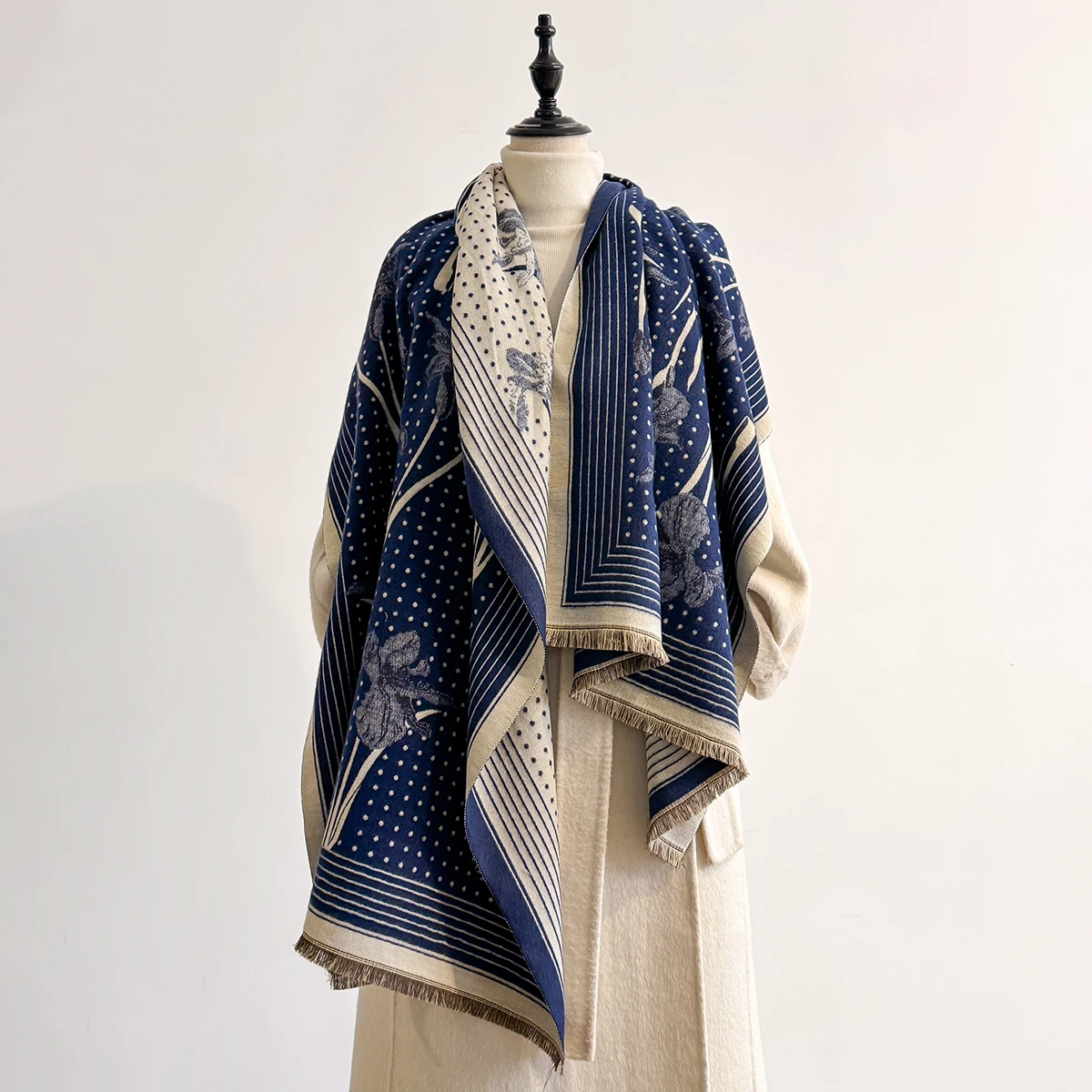 2025 Luxury Brand Women's Cashmere Scarf - Winter Warm Tasseled Striped & Polka Dot Printed Pashmina Shawl, Foulard & Poncho