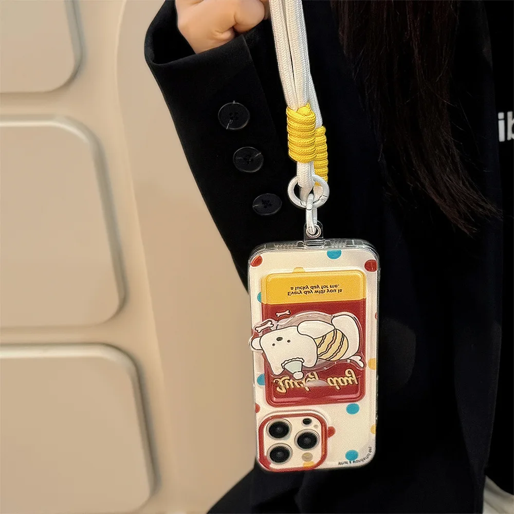 Chic Polka Dot Phone Case with Puppy Stand & Lanyard