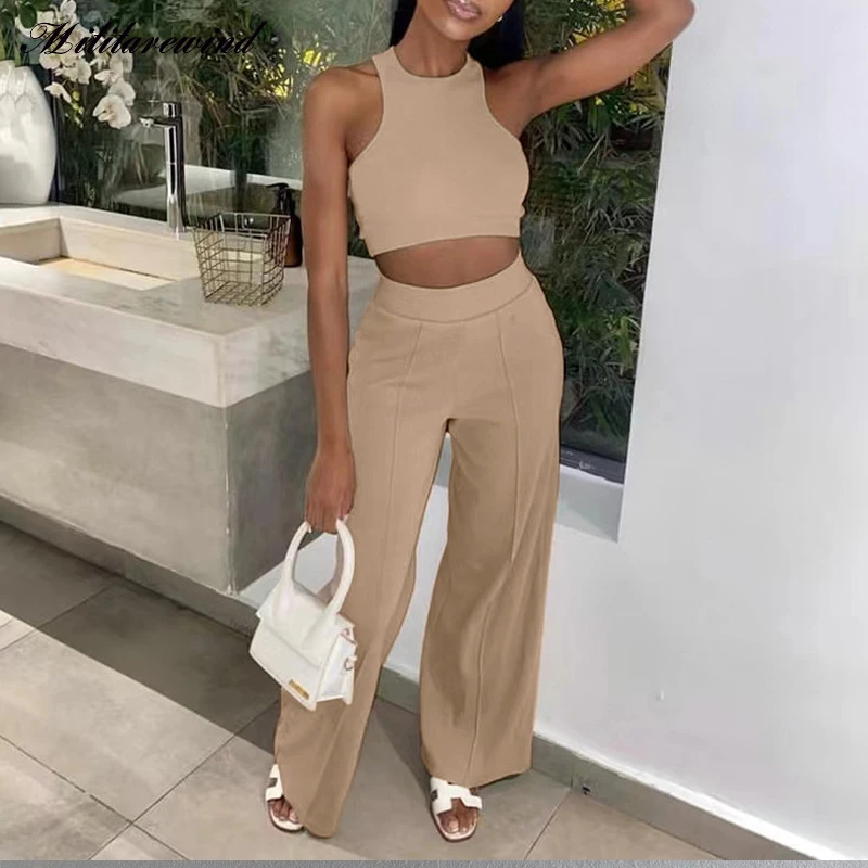 

Summer Solid Casual Sets Women Sleeveless Tank + Straight Wide Leg Two Piece Sets Fashion New Sexy Hot Elegant Office Lady Suits