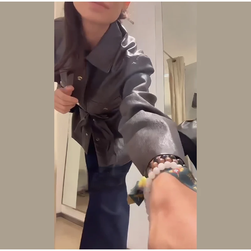 Braune PU-Leder-Hemdjacke für Damen, Reverskragen, Gürtel, Taille, Utility-Taschen, einreihiger Mantel, 2023, Herbst, weiblich, schicke Kleidung – Detail 18