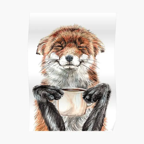 

Morning Fox Cute Coffee Animal Poster Room Mural Funny Decor Painting Picture Art Home Print Decoration Wall Vintage No Frame
