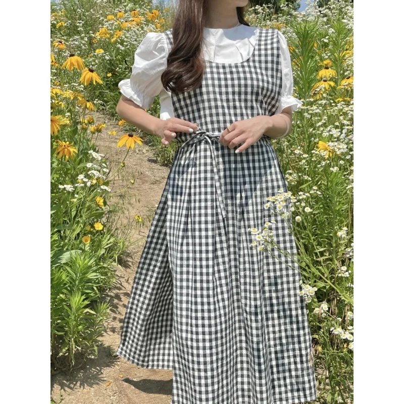 

Korean Style Plaid Apron Cotton Floral Long Aprons Thin Artist Bib Barista Artistic Dress Home Baking Garden Kichen for Women