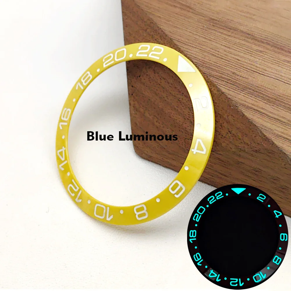Blue Luminous Curved Ceramic Watch Bezel Insert, 38mm GMT Style