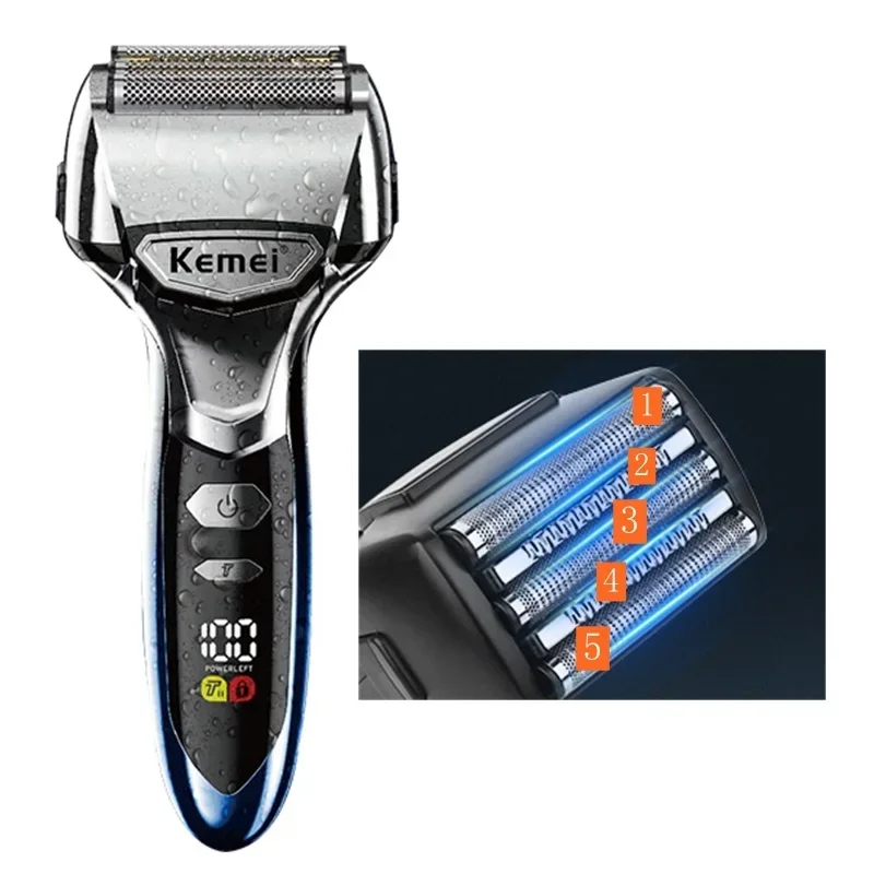 Kemei Km-3215 5 블레이드 시스템 남성용 전기 면도기 얼굴 수염 습식 건식 전기 면도기 충전식 대머리 면도기