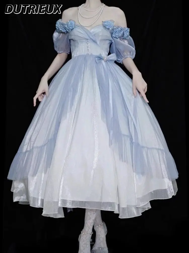 

Sweet Elegant Blue Three-Dimensional Rose Lolita Dress Heavy Industry Short Sleeve off-the-Shoulder Waist Princess Long Dresses