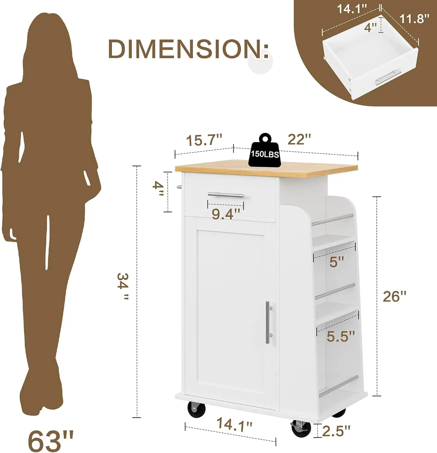 Kitchen Island with Storage Cart Table Rolling Butcher Block Cabinets Small on Wheels Portable Drawers Mobile Moveable Narrow