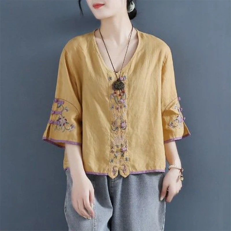 Summer Ethnic Style Cotton Linen Embroidery Vintage Frog Shirt Female Half Sleeve Loose Casual Fashion All-match Cardigan Blouse