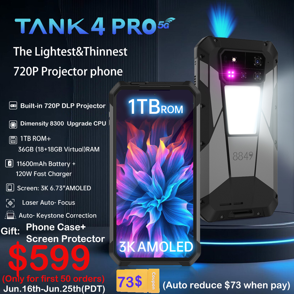 8849 Tank 4 Pro Unihertz 5G Rugged Projector Smartphone 36G 1TB Android 14 Sports Phone 11600mAh Dimensity8300 AMOLED 120HZ