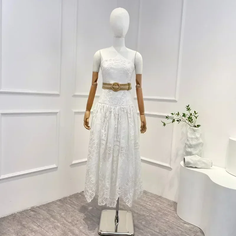

Женское платье-футляр средней длины, белое льняное платье без рукавов с кружевным поясом на груди, лето-осень 2023