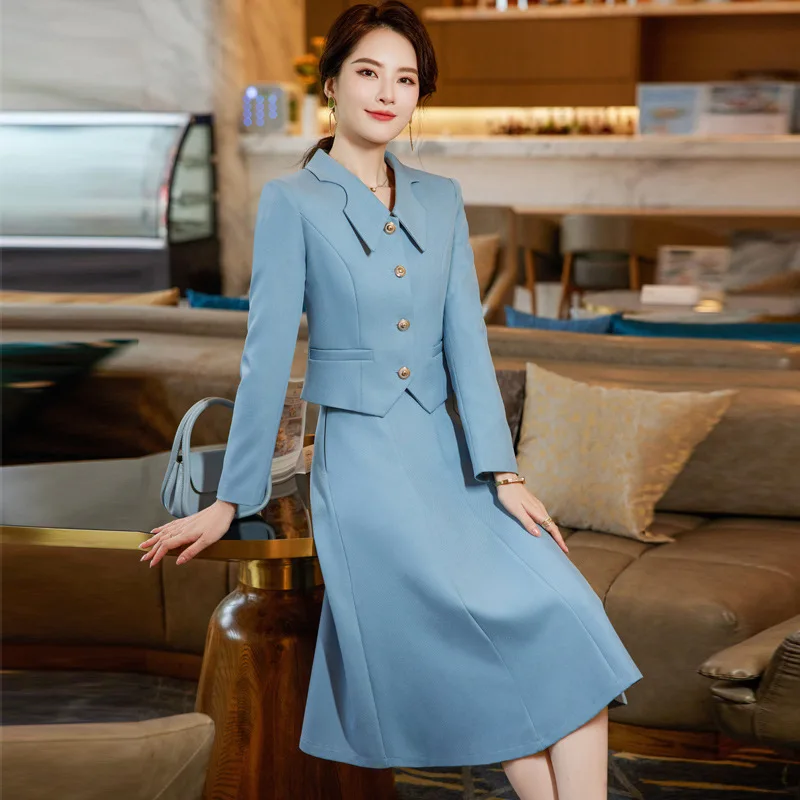 

IZICFLY New Autumn Spring Fashion Blue Office Uniform Elegant Business Blazer Long Skirt Suit For Women Work Wear 2 Piece Set