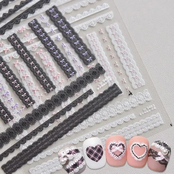 Sweet Pearl Lace Bow Nail Stickers Love Heart Pink White/Black/Pink Lace Bow Self Adhesive Nail Art Decorations Decals Accessory 1
