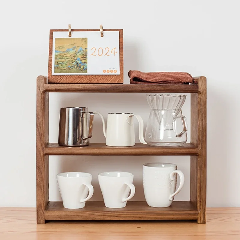 Black Walnut Solid Wood Organizer ， Tea Sets Coffee and Cosmetics Vintage Desktop Storage Box Multi-Functional Wooden Rack 4