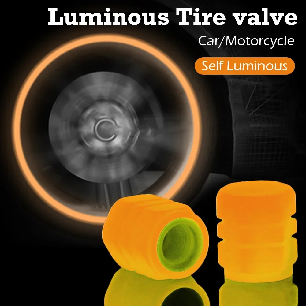 Glowing Tire Valve Caps 4pcs Wheel Hub Night Glowing Fluorescent Orange Car Motorcycle Bike Tire Nipple Covers