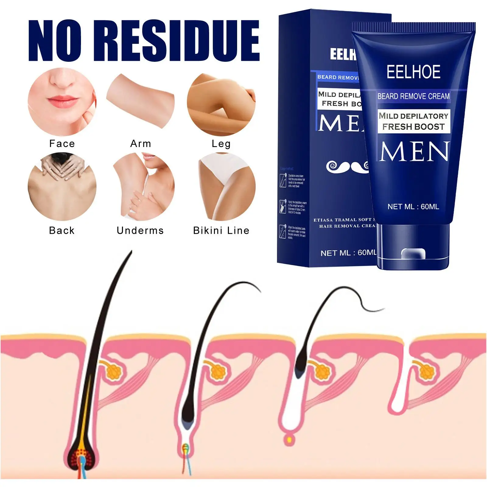 

Hair Removal Cream Remover 60ml for Men Depilatory Cream Skin Care Painless Facial Pubic Beard Depilatory Paste Soothing Removal