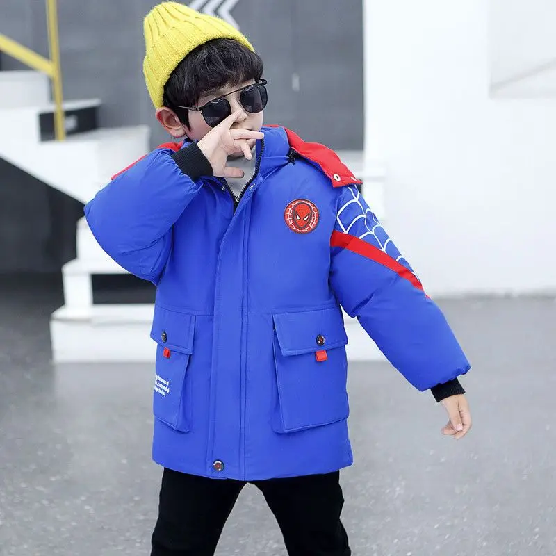 Children Clothing Winter Kids Spider Man Cartoon Luminous Hooded Cotton Coat Teen Boys Outdoor Skiing Jacket Warm Parka