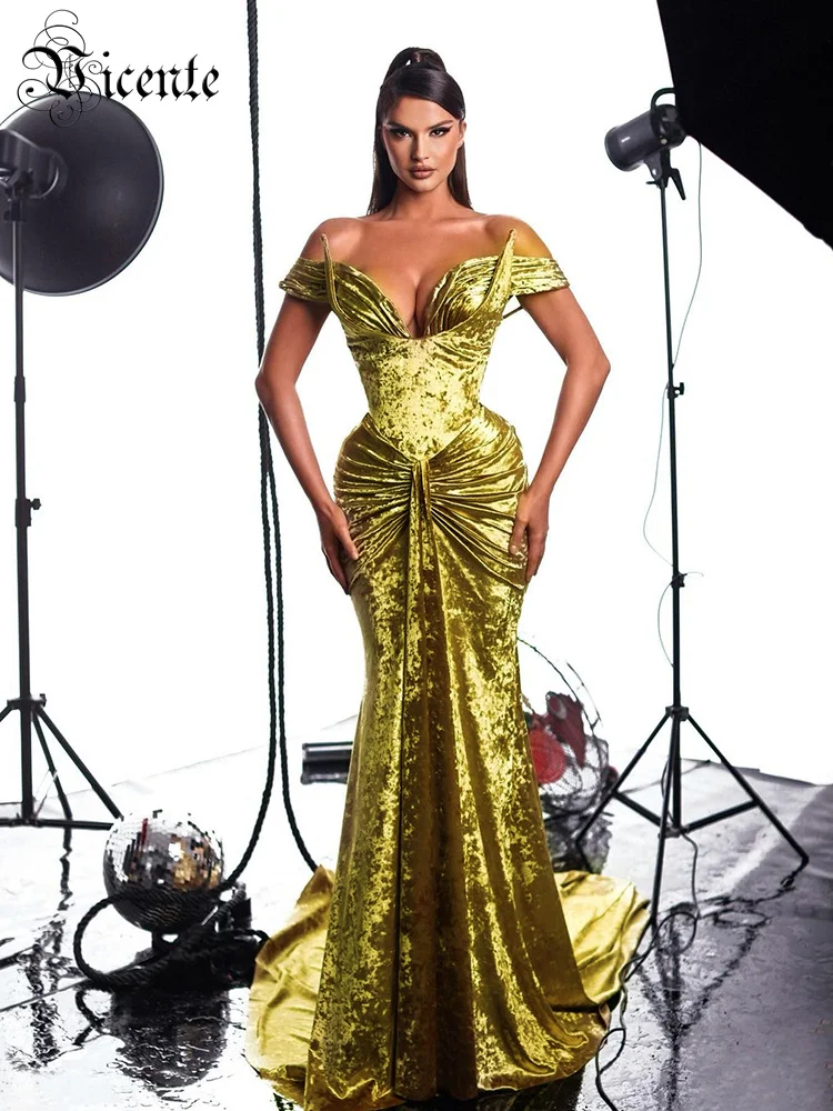 

VC Ginger Evening Party Dress Women Sexy Middle Slit Draped Design Soft Velvet Long Dress Christmas Wear Vestidos