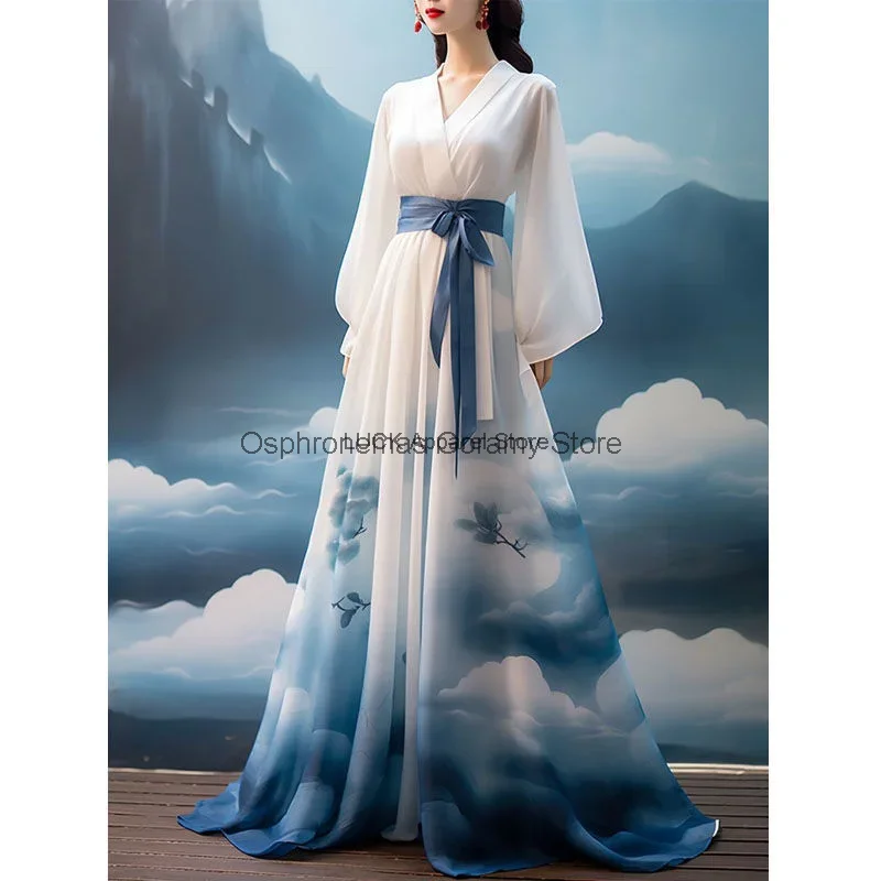 

Spring New Chinese Style Design Sense V-neck Hanfu Dress For Women Slim And Hanging Long Skirt Women Fashion Dress