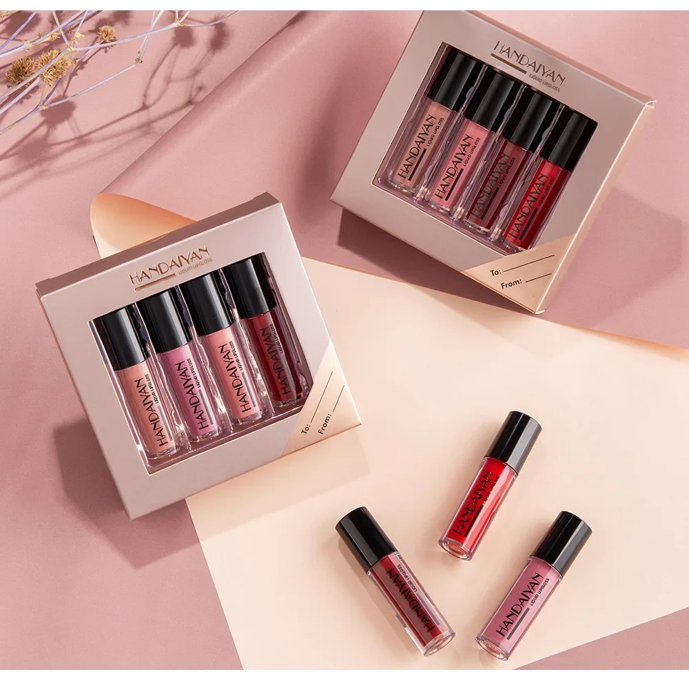 HANDAIYAN Lipstick Gifts Set Sexy 4 Colors Matte Lip Gloss Waterproof Non-stick Cup Natural Lasting Lip Tint Cosmetics Makeup 6