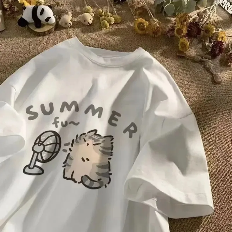 

Summer American Cool Street Creative Blow Fan Cat Harajuku T-shirt for Men Women Relaxed Short Sleeve Couple Wear Top Tee