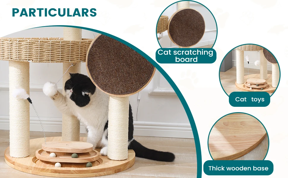 Cat activity center with a thick wooden base, featuring a cat scratching board and cat toys.
