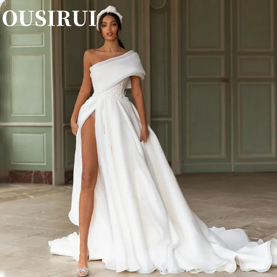 

OUSIRUI A-Line Bride Gow With Bow Swoop Train Elegant Appliques One Shoulder Wedding Dresses Split Bride Dress Robe De Mariee