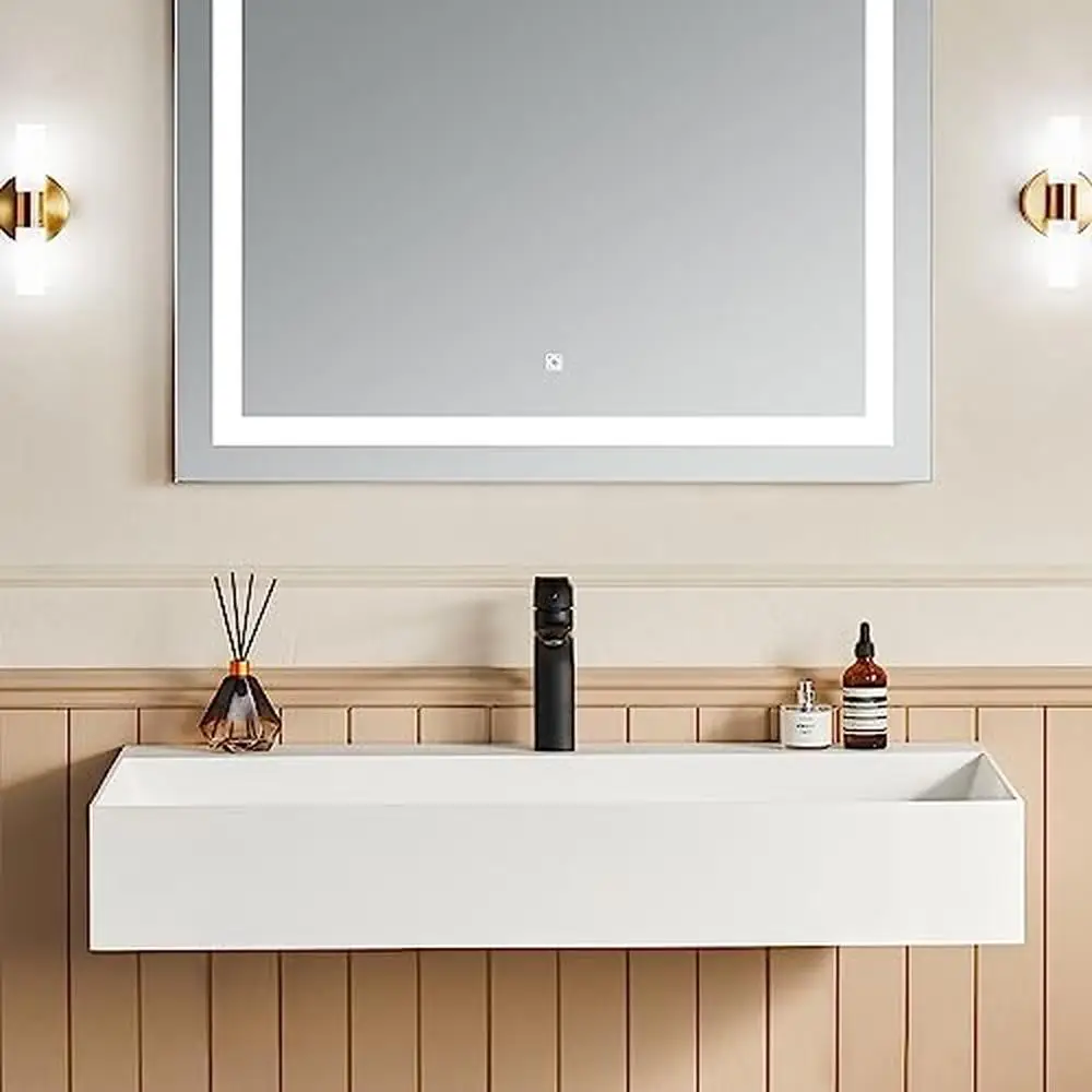 Rectangle Vessel Sink Matte White Stone Resin 30"x18" Wall Mount Bathroom Sink with Pop-up Drain Scratch-Resistant Minimalist 2