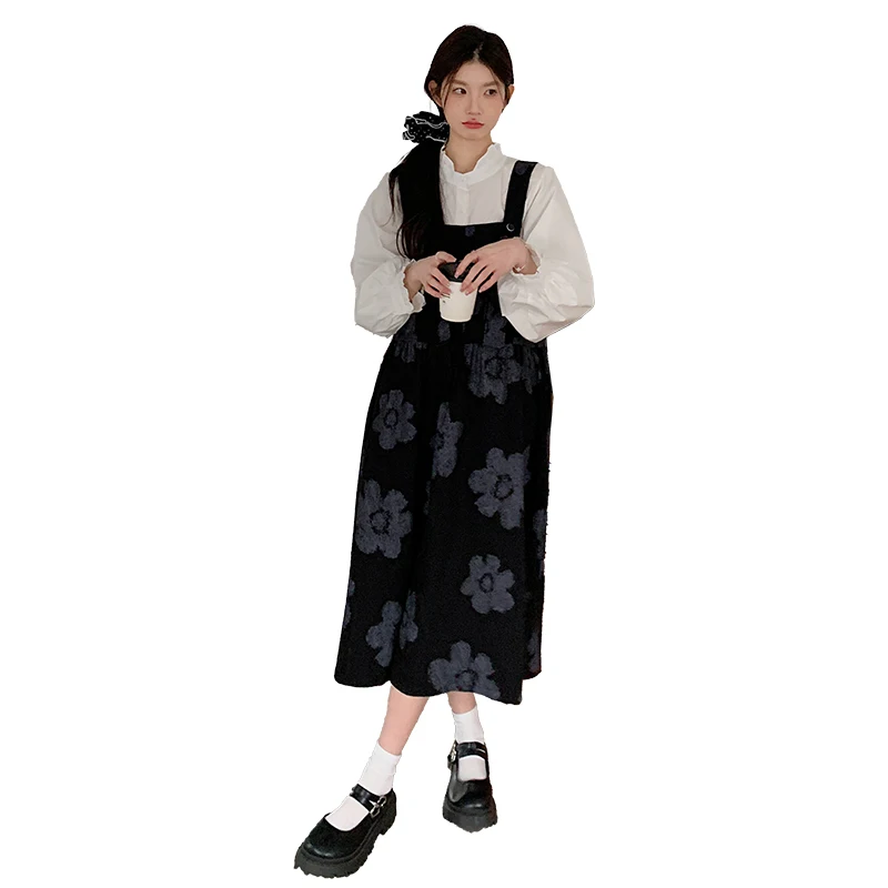 Spring Autumn Loose Maternity Dress Suits White Shirts Floral Strap Dress Twinset Plus Size Pregnant Woman Clothing Set