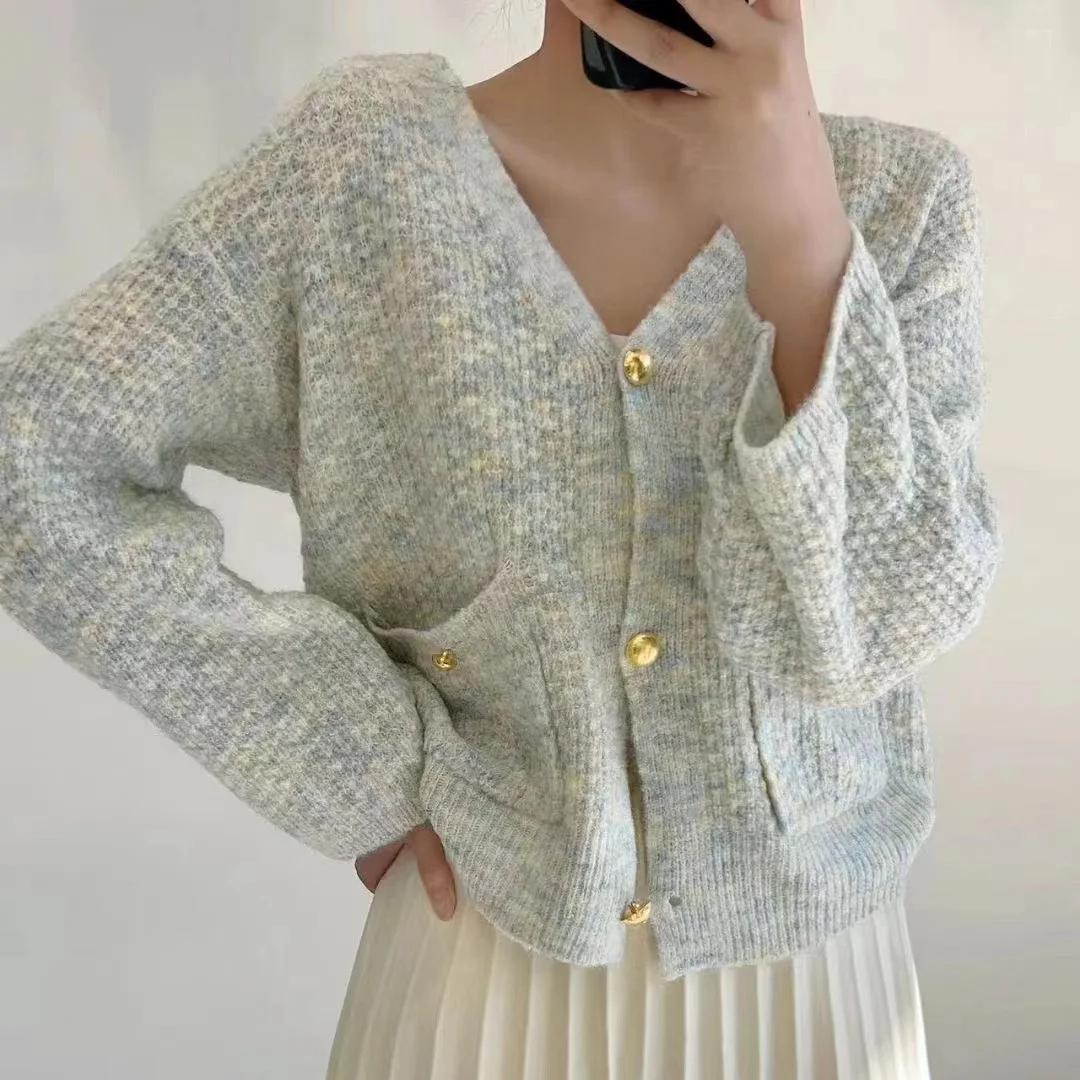 

ZARSAFLY V-neck Short Knitted Cardigan Women Fall Winter Korean Casual Loose Long Sleeve Sweater Outerwear 2 Colors