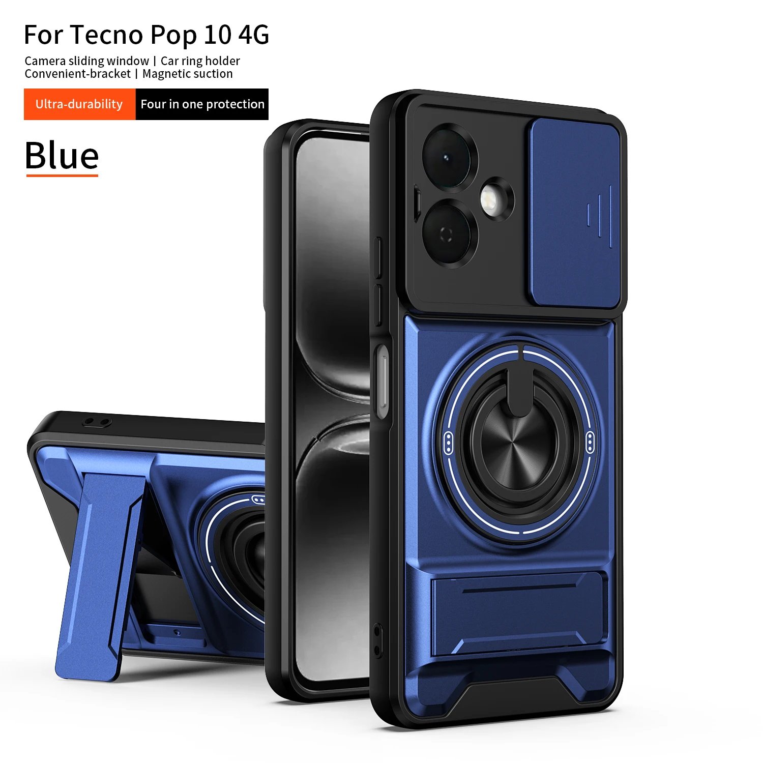 Armor Shockproof Phone Case with Sliding Camera Cap and Built-in Magnet Ring Kickstand