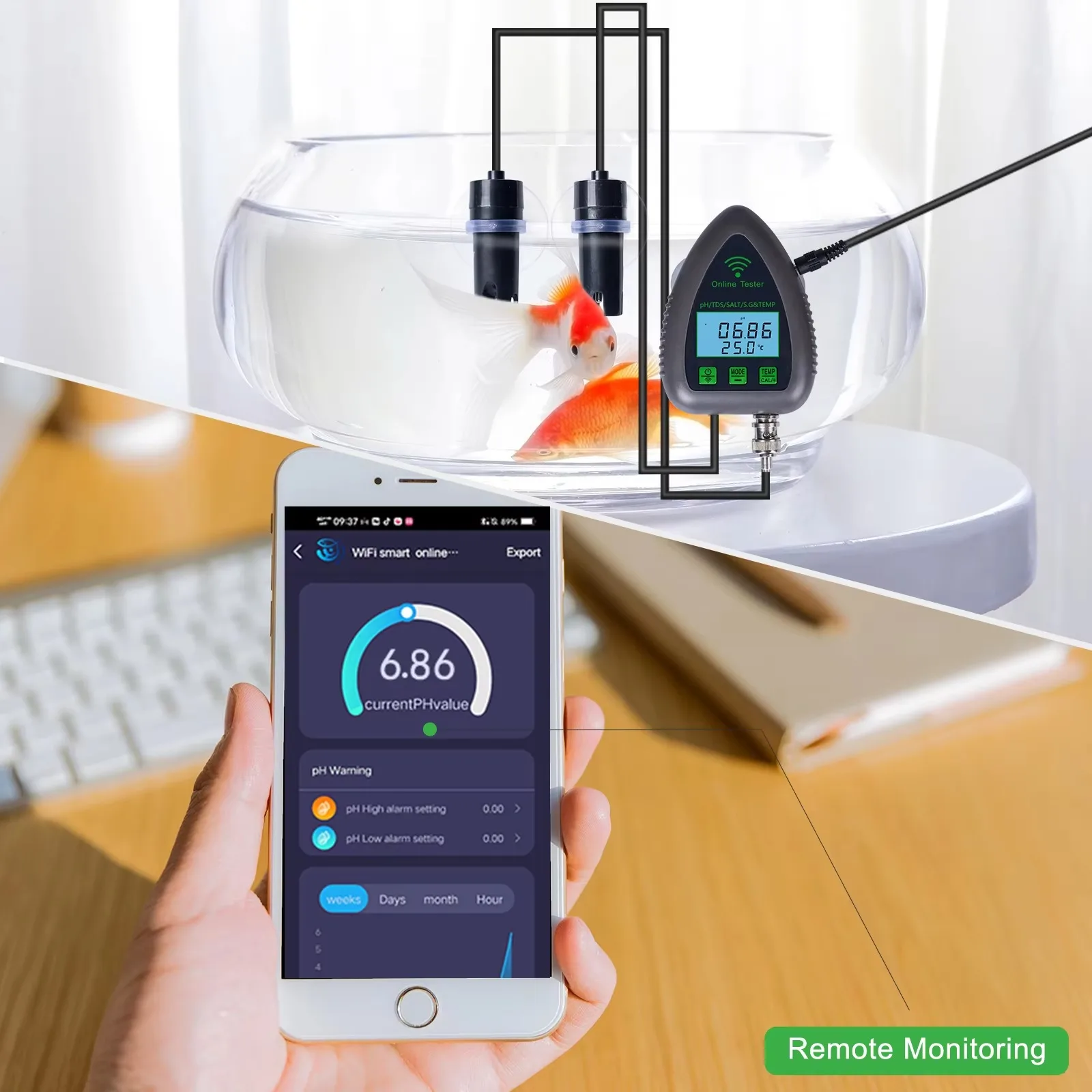 5-in-1 WiFi 스마트 PH TDS SG 온도 염도 측정기 APP 원격 제어 (수족관, 양식업, 수경재배용)