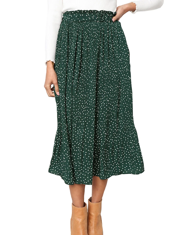 White Dots Floral Print Pleated Midi Skirt Women Elastic High Waist ...