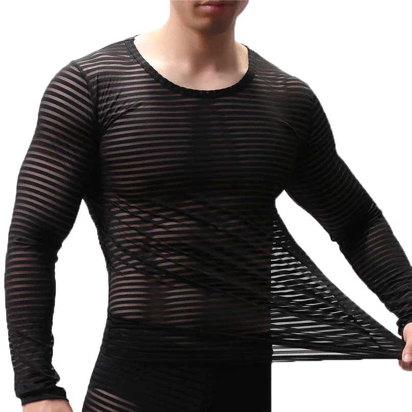 Sexy Mens Undershirts Long Sleeve T-Shirts Transparent Mesh Sleepwear See Through Nightwear Striped Tops Tees Sexy Underwear Tee sexy lingerie bodystocking fishnet underwear sleepwear rhinestone bodysuit mesh transparent erotic sexy bling exotic body socks