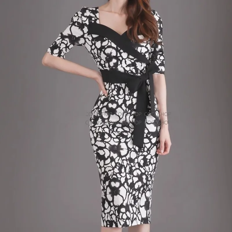

Square Neck Printed Women Dress Bodycon Summer Chic Korean Elegant Women's Clothing Business Short Sleeve Vestidos Office Lady