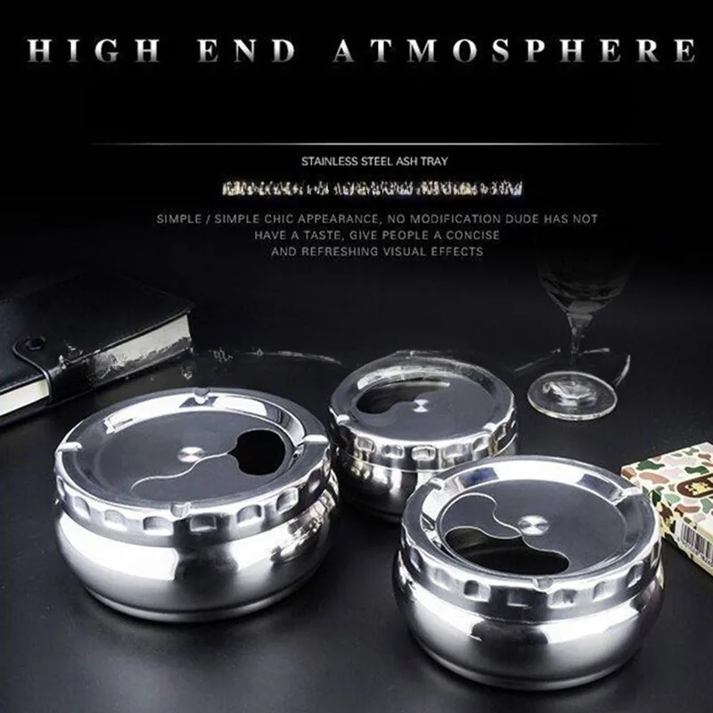 European stainless steel ashtray with cover home automatic extinguishing living room bedroom round smoke cup large anti-fall stainless steel ashtray,metal ashtray