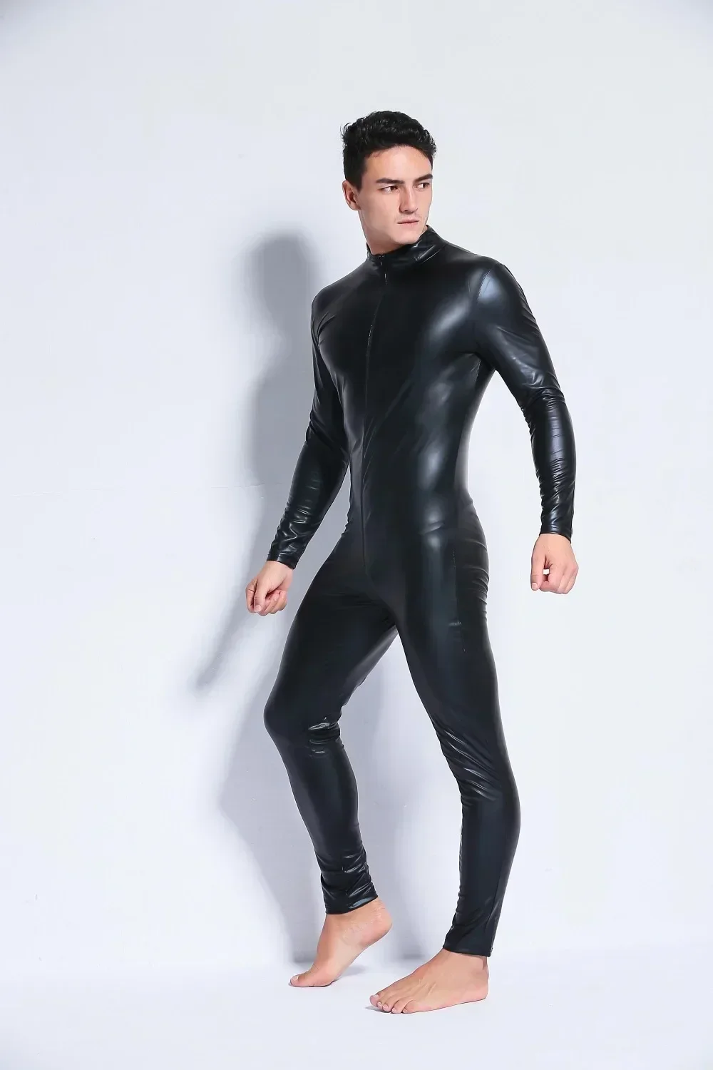 Plus Size Men Catsuit Faux Leather Long Zipper Crotch Bodysuit Night Club Jumpsuit Latex Bodysuit